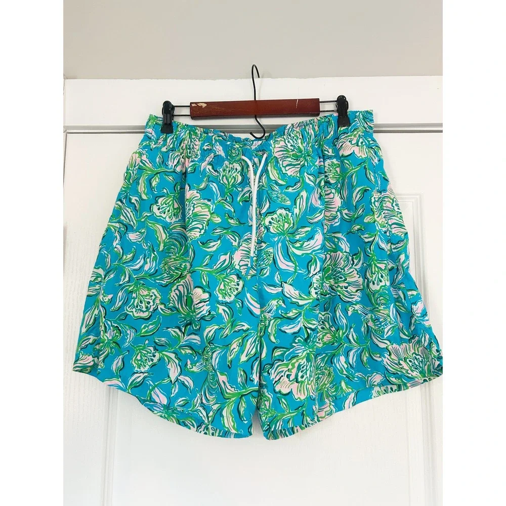 Lilly Pulitzer Capri Trunk Swim Shorts Floral Print Blue Green Pink Size XL